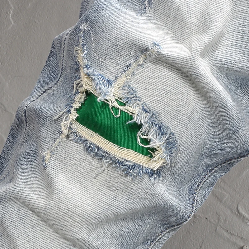 Street Fashion Men Jeans Retro Washed Light Blue Elastic Stretch Slim Fit Ripped Jeans Men Patch Designer Hip Hop Denim Pants