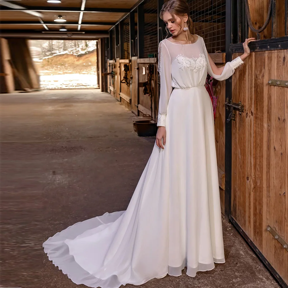 

Простые Свадебные платья Pastrol, новинка 2022, шифоновое платье с круглым вырезом и длинными рукавами, Аппликация из бисера, белые свадебные пла...