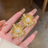 s925 silver needle light luxury niche exaggerated sunflower earrings for women ins fashionable internet celebrity pearl earrings