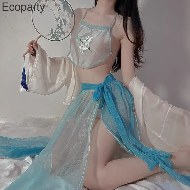 

Женский пикантный комплект нижнего белья, китайский традиционный банный халат, сетчатый бандажный костюм, прозрачная Пижама, Длинные ночнушки с цветами, ночная рубашка, 2023