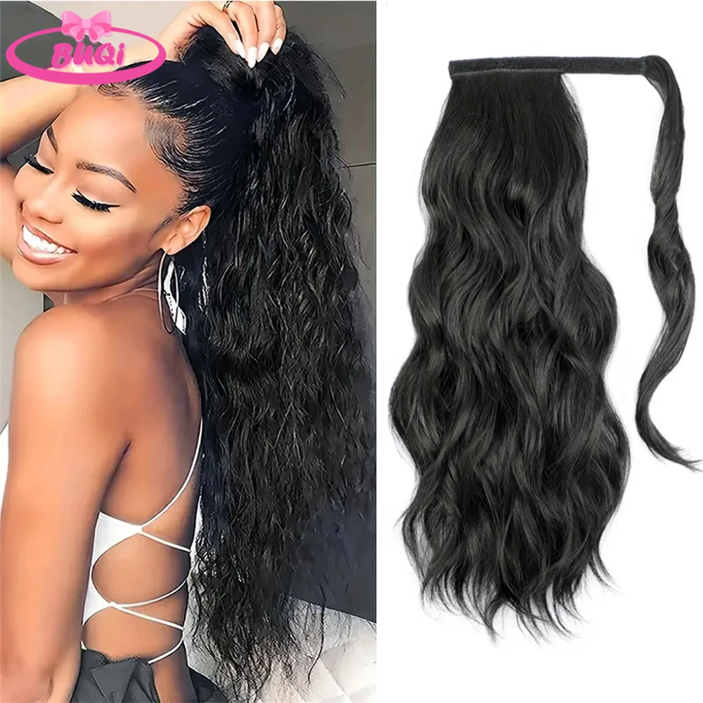 BUQI Water Wavy Ponytail Hairpiece Wrap Around Magic Paste Hair Extensions Wave Synthetic Pony Tail For Women