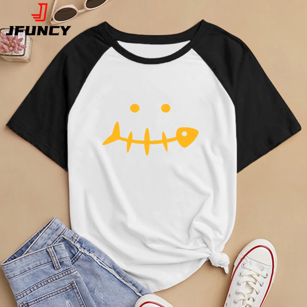 JFUNCY Women's Short Sleeve T-shirt Woman Top 2022 Summer Clothes Fish Bones Printed Graphic T Shirt Fashion Female Tshirts