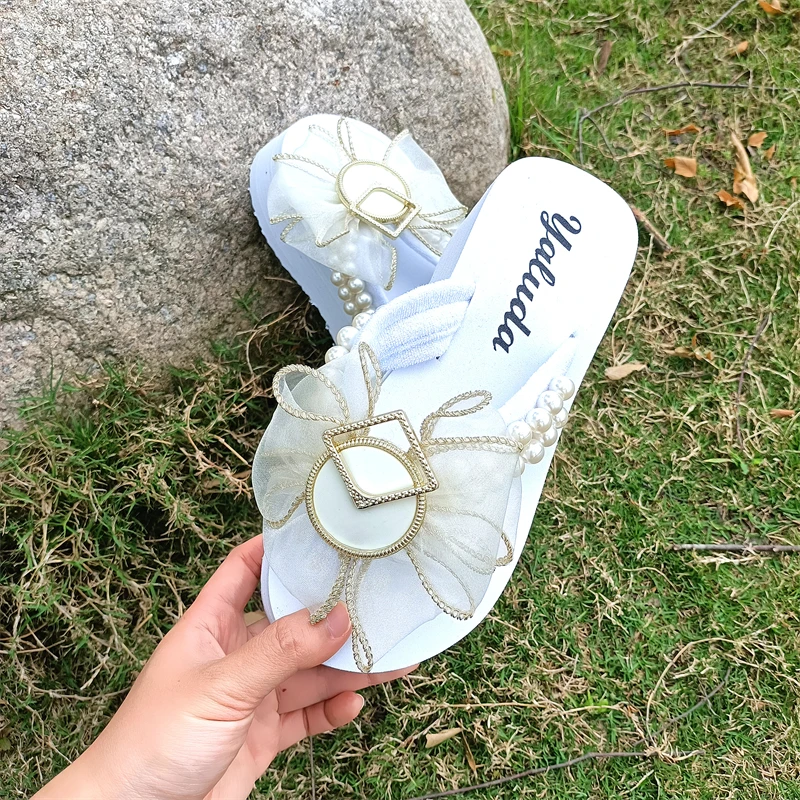 

Сандалии женские на плоской платформе, шлепанцы с кружевом, жемчугом, бантом, повседневная обувь в стиле «лолита», тапочки на танкетке, лето ...