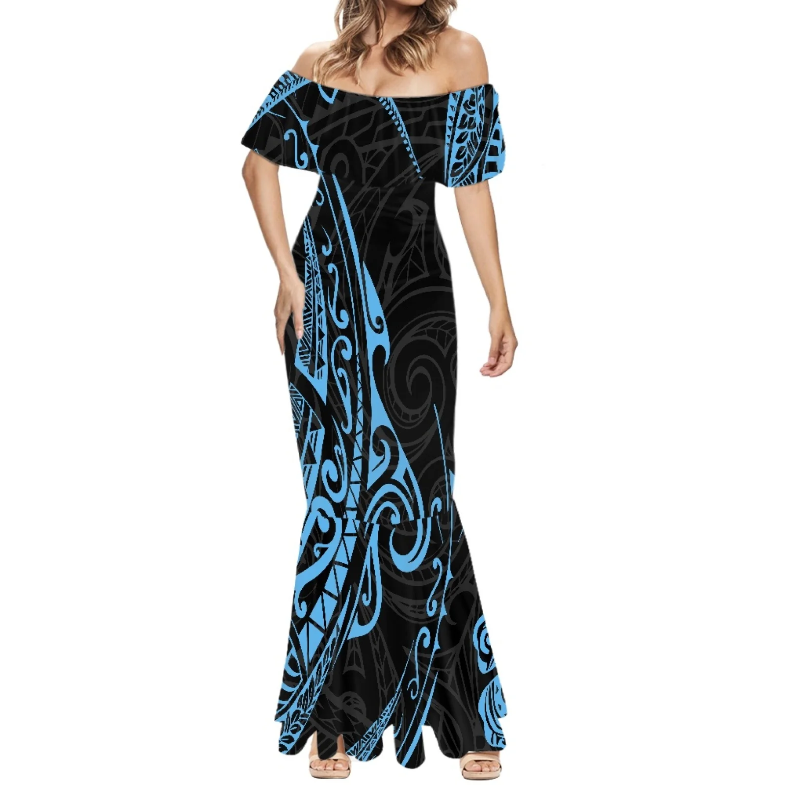 

Fashion Classic Polynesian Traditional Tribal Drop-Shoulder Dress Design Sense Women's Summer Fishtail Dress Flag Pattern Party