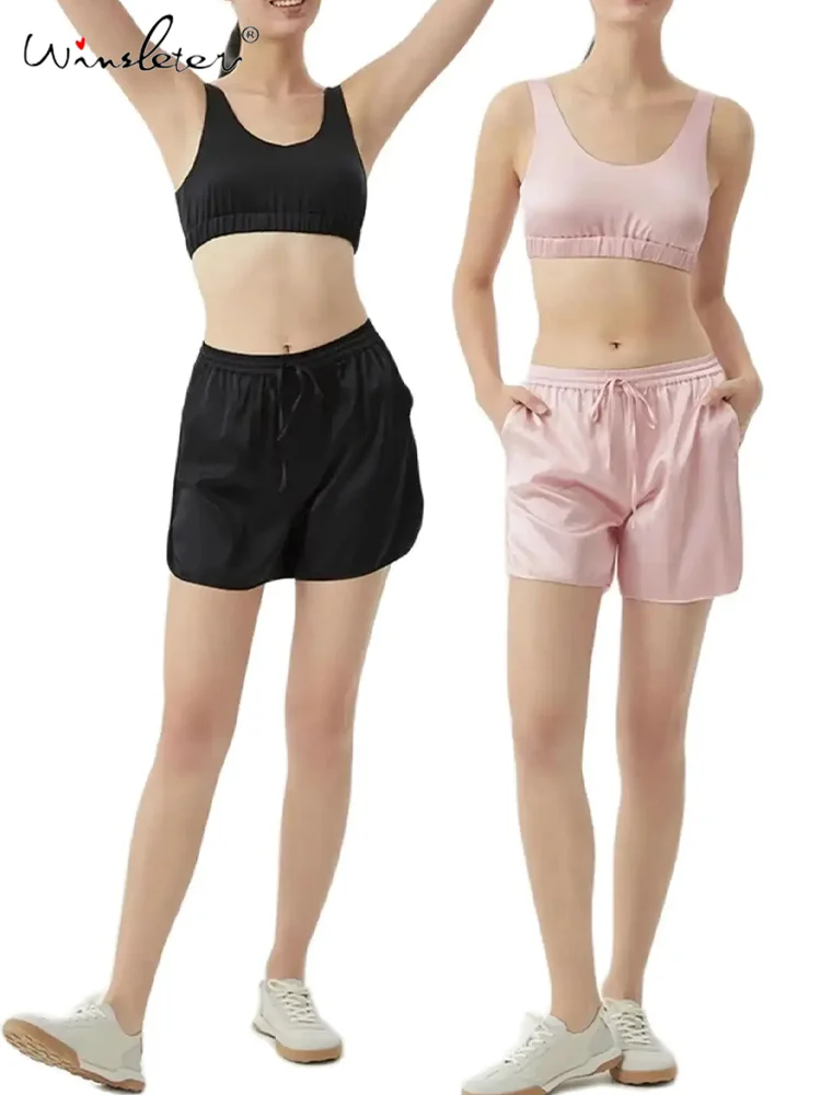 Winslter 6A 93% натуральный шелк черный бюстгальтер спортивные шорты пижамный комплект