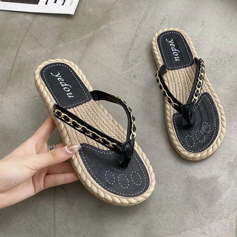 Women Fashion Chain Decor Flip Flops 2023 Summer Outdoor Beach Linen Flats Slides Casual Comfy Light Sandals Lovely Ladies Shoes