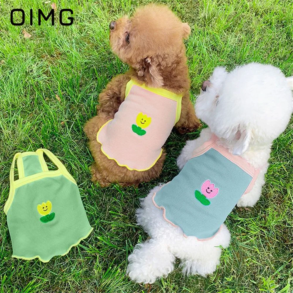 

OIMG Small Dog Breathable Clothes Thin Pet Sling Teddy Bichon Pomeranian Small Cat Summer Tank Top Flower Embroidered Puppy Vest