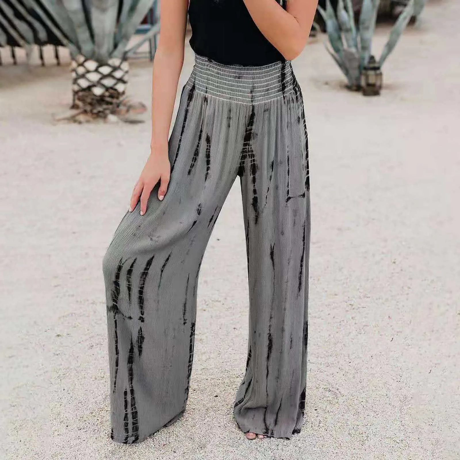 

Summer Fashion Women's Casual Beach Elastic High Waist Wide Leg Pants 2023 Vintage Loose Tie Dye Straight Trousers Female