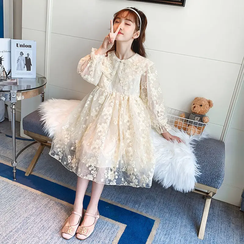 

Модное платье для девочек, Новинка весна-осень 2023, модная универсальная Корейская версия, повседневная сетчатая вышивка до колена в стиле принцессы