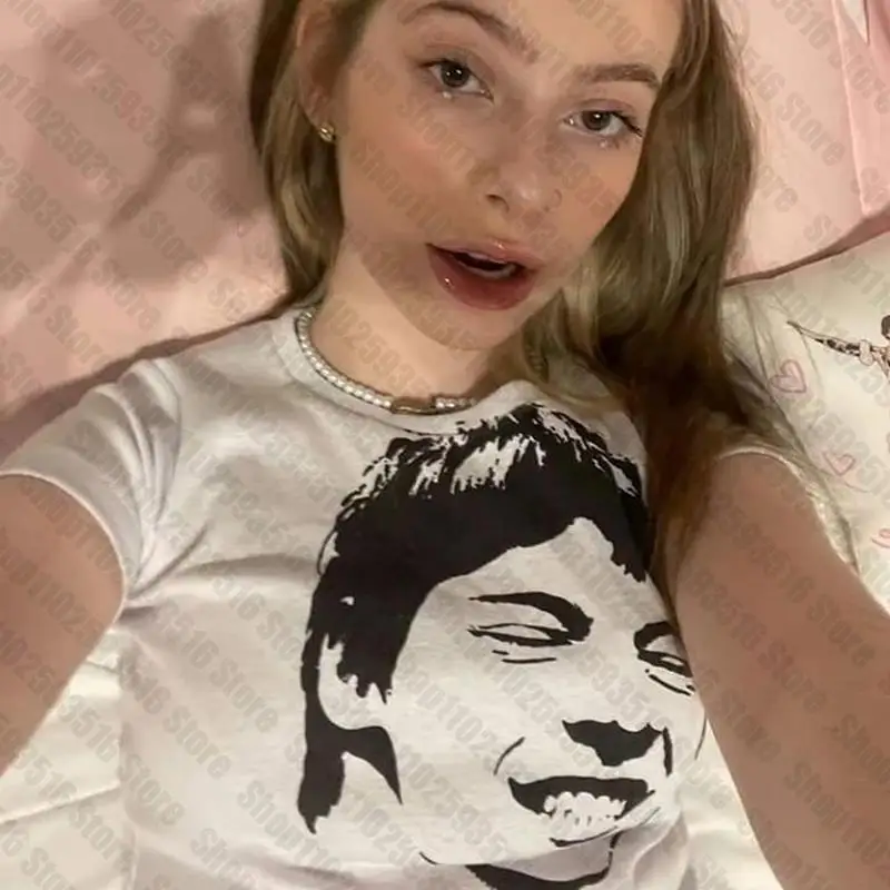 

Женская футболка Harajuku Y2K уличный кроп-топ винтажный корейский белый портрет панк готический человеческий принт одежда облегающая детская ф...