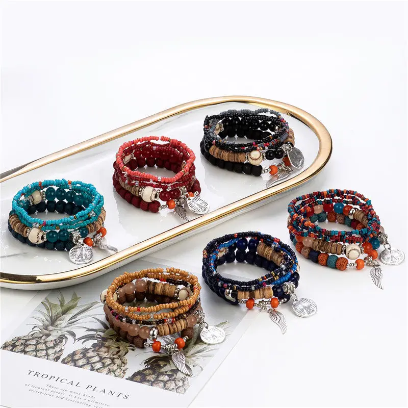 

Bohemian Wristband Artificial Coral Beads Crystal Charms Bracelets For Women Tibet Elephant Heart Multilayer Bracelets & Bangles