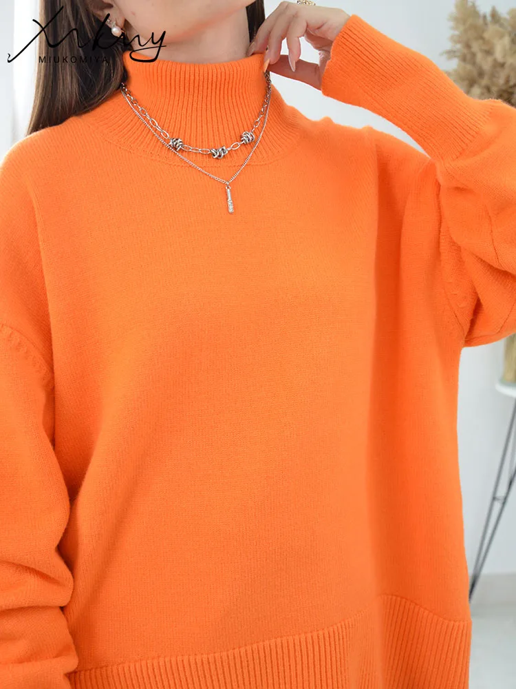 Синий плотный зимний женский свитер с высоким воротником пуловеры оверсайз