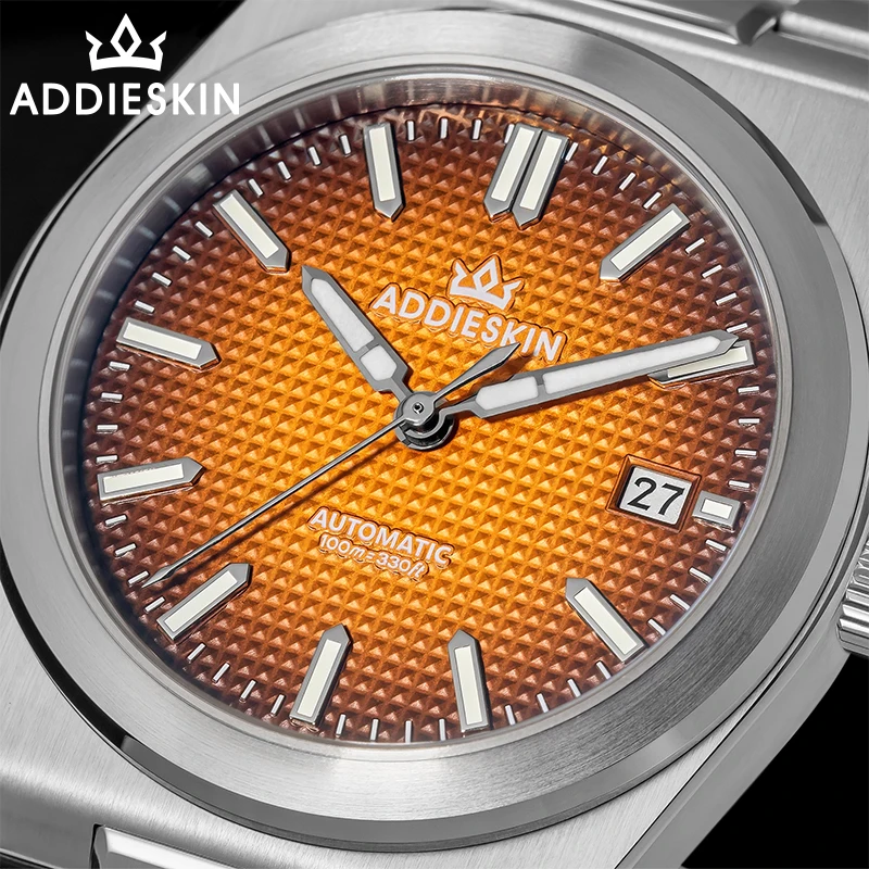Фото AddiesKin K004 9015 Автоматические мужские часы с желтым вафельным циферблатом, 39 мм, ультратонкие, водонепроницаемость 100 м, сапфировое стекло, люминесцентное покрытие BGW9, подарок для мужчин. №4