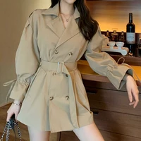 womens casual solid colors slim korean style trench coat loose single breasted pocket adjustable waist long sleeved overalls