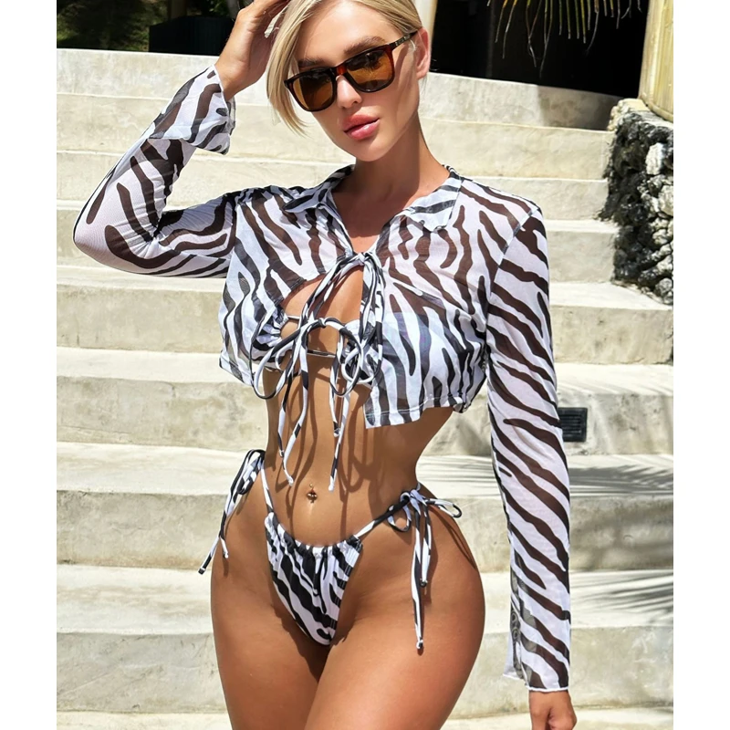 

Women's Printed Triangle Halter Bikini Bathing Suit with Cover Up 3 Piece Swimsuits