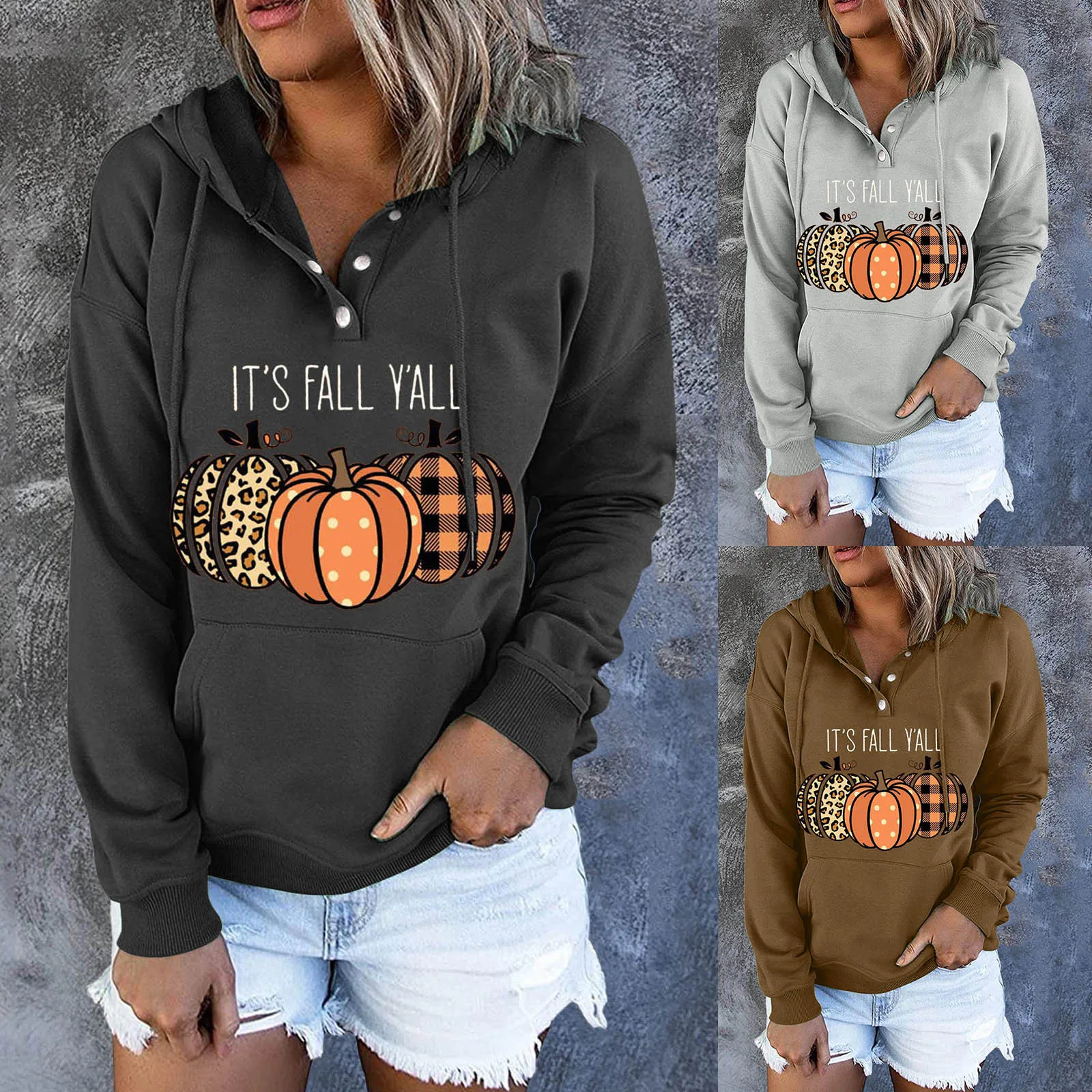 

Women Hooded Halloween Pocket Drawstring Long Sleeves Button Printing Sweatshirt Top Sweaters Cover Your Butt