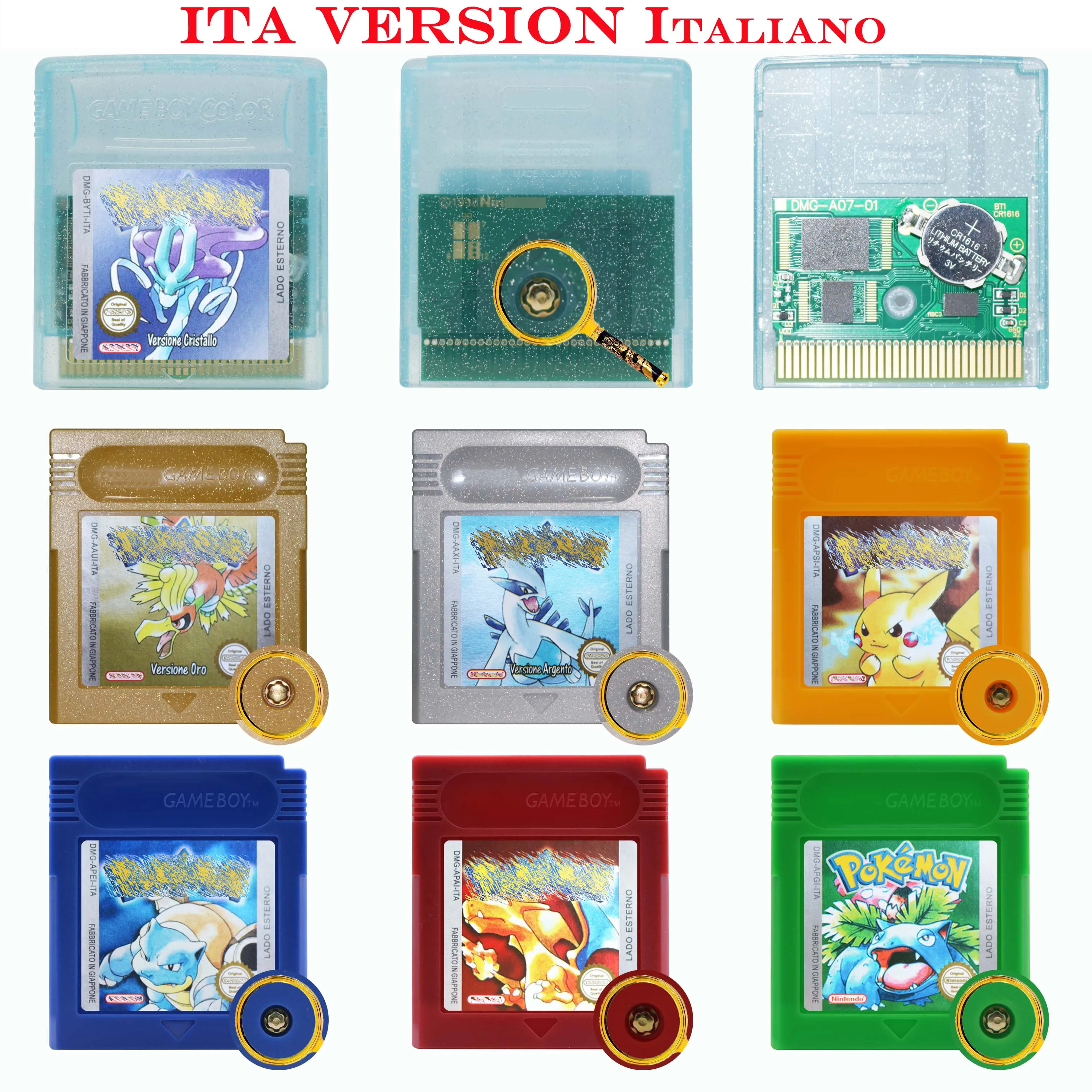 

ITA Version Cristallo/Verde/Oro/Rosso/Argento/Giallo/Blu Game Cartridge GBC Video Game Console Card High Quality with Battery