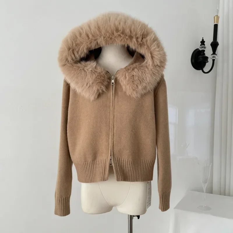 2024 осенне-зимняя одежда женский кашемировый кардиган свитер с капюшоном верхняя