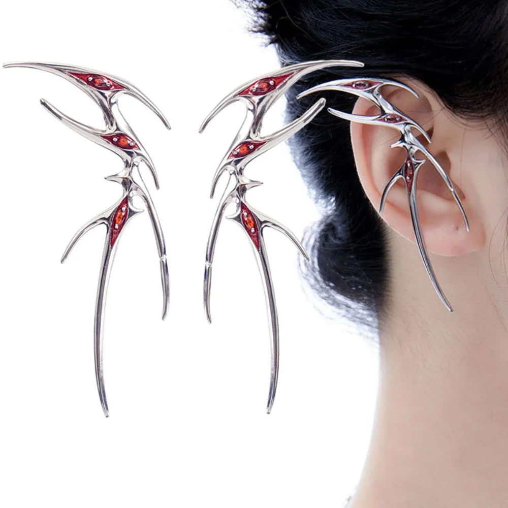 

Red Rhinestones Gothic Earrings Elf Cosplay Butterfly Ear Clip Gifts Punk Ear Jewelry for Women