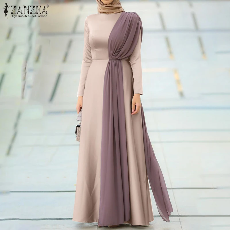 

Весна 2022, модный Однотонный сарафан, женское Повседневное платье с длинным рукавом и круглым вырезом, кафтан ZANZEA, элегантное вечернее хиджа...