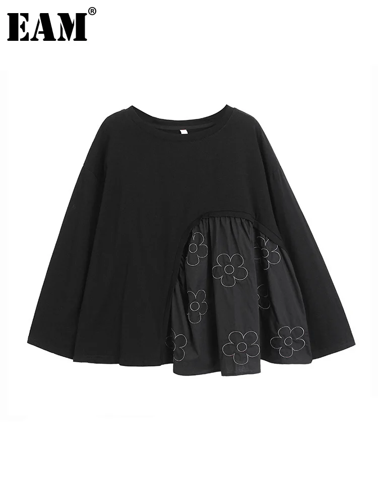 

[EAM] Women Black Flower Print Big Size Casual T-shirt New Round Neck Long Sleeve Fashion Tide Spring Autumn 2023 1DF4240
