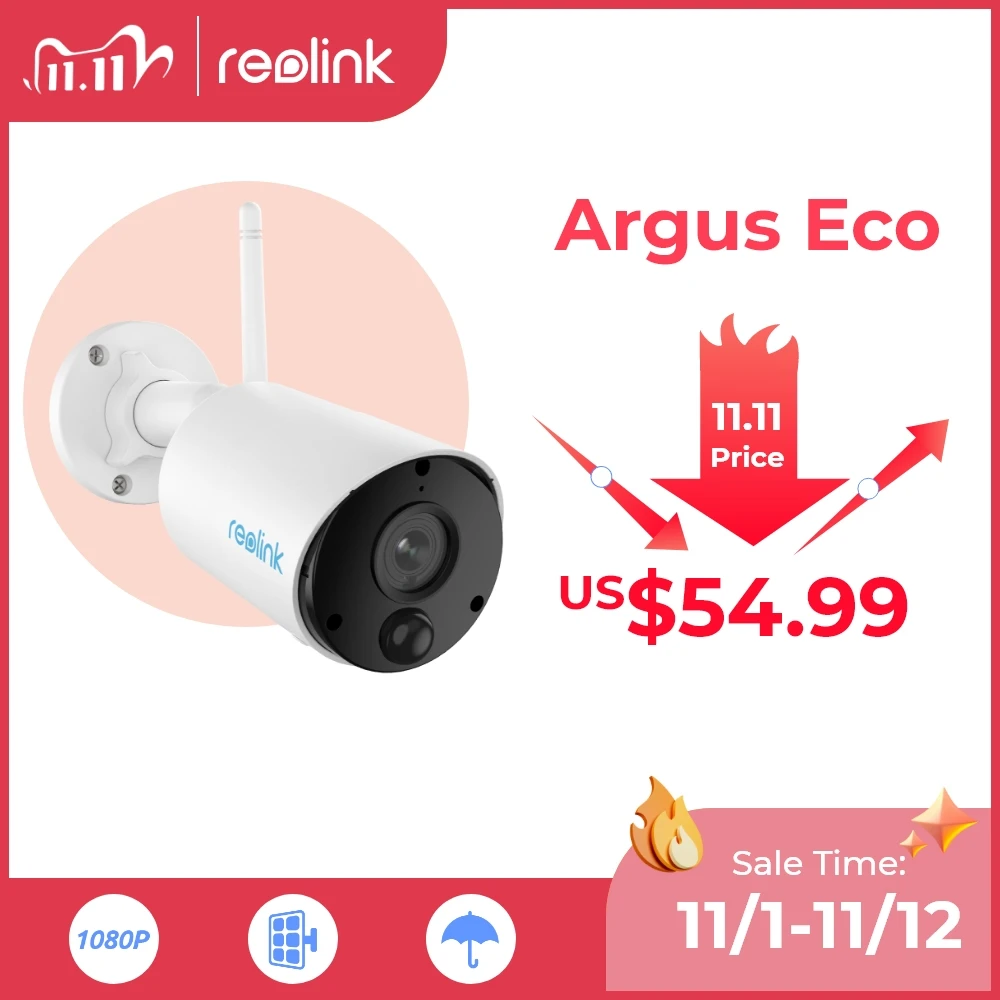 Pаспродажа Камера Наружного видеонаблюдения Reolink Argus Eco, 1080p, без проводов, с перезаряжаемой батареей Цена Камера Наружного видеонаблюдения Reolink Argus Eco, 1080p, без проводов, с перезаряжаемой батареей