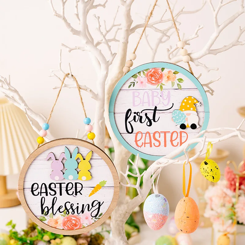 

Happy Easter 2023 Colorful Egg Rabbits Wooden Round Pendants Easter Blessing Garden Dwarf Gifts Easter Day Party Decor For Home