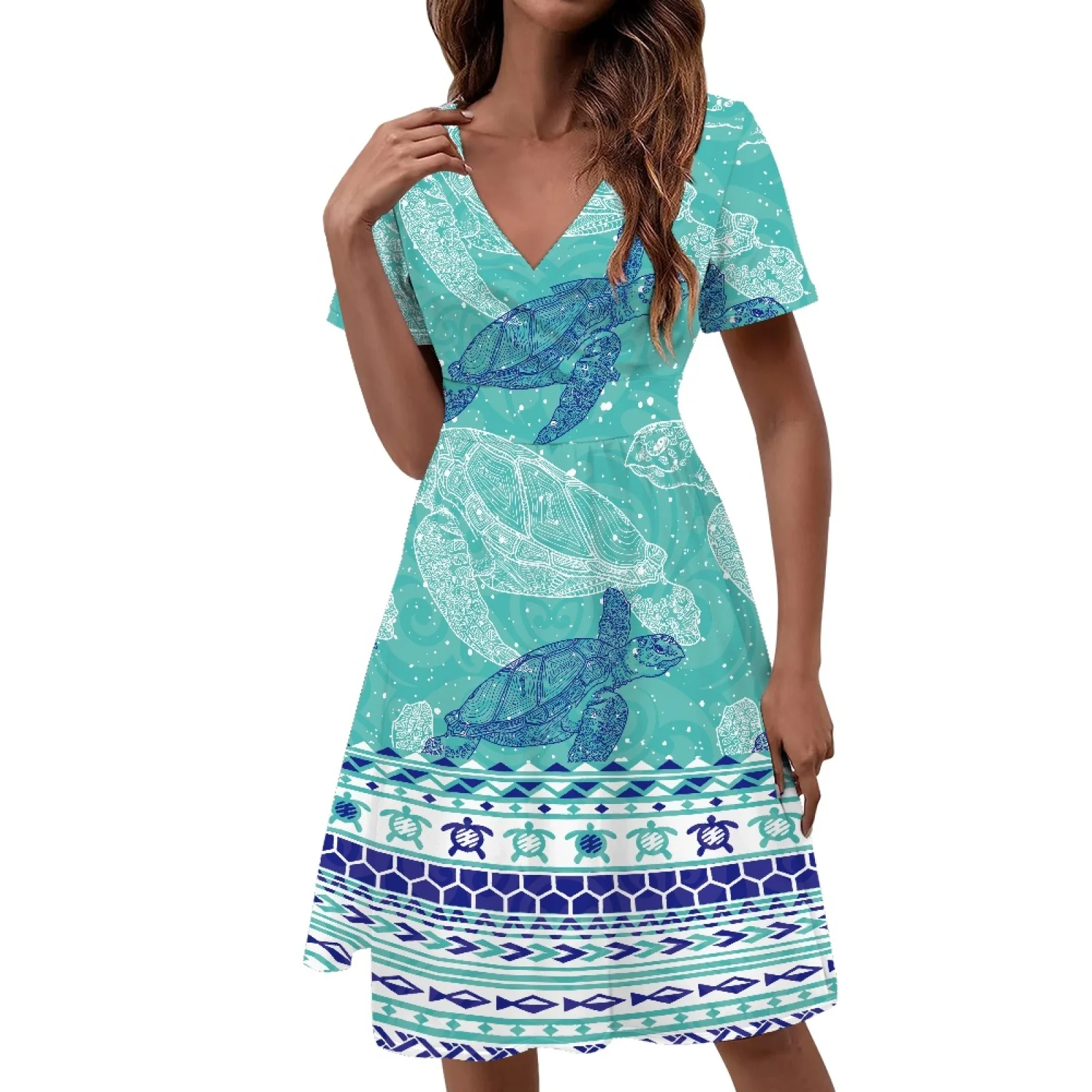 

Polynesian Tribal Fijian Totem Tattoo Fiji Prints Women Sexy V-neck Short Sleeve Dress Loose Holiday Beach Casual Party Dresses