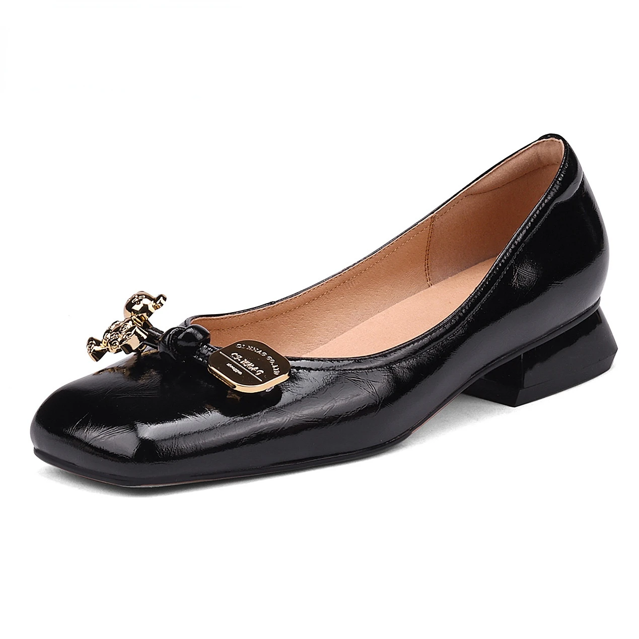 

Women Low Heel Pumps 2022 Spring Sheepskin Square Toe Black Heel Metal Decoration Lolita Black Handmade Flat Shoes Plus Size