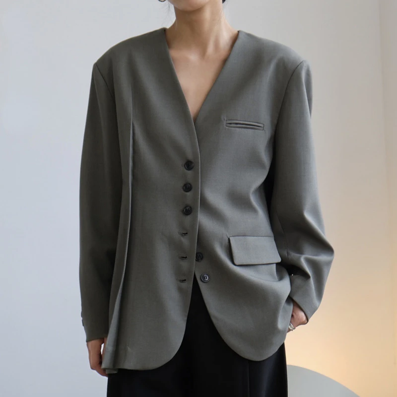 2022 New Women V-neck Single Breasted Blazer Female Long Sleeve Solid Color Loose Casual Coat Autumn  2J507