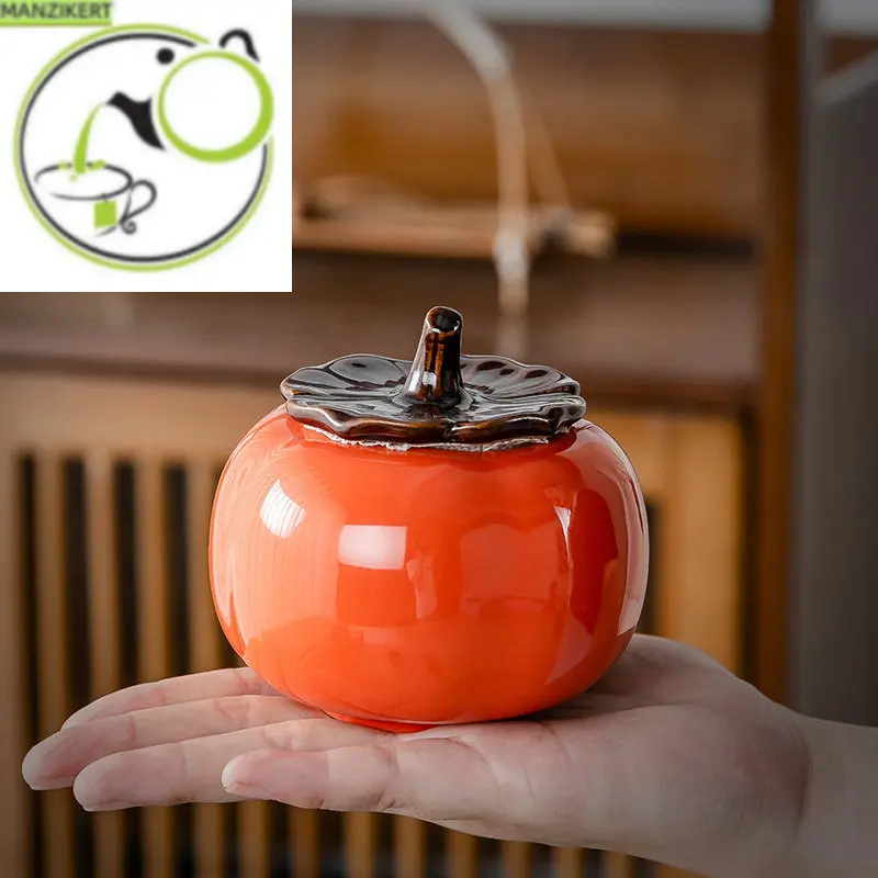 

Portable Mini Persimmon Tea Caddy Travel Sealed Ceramics Jar Tieguanyin Containers Coffee Canister Kitchen Spice Storage Tank