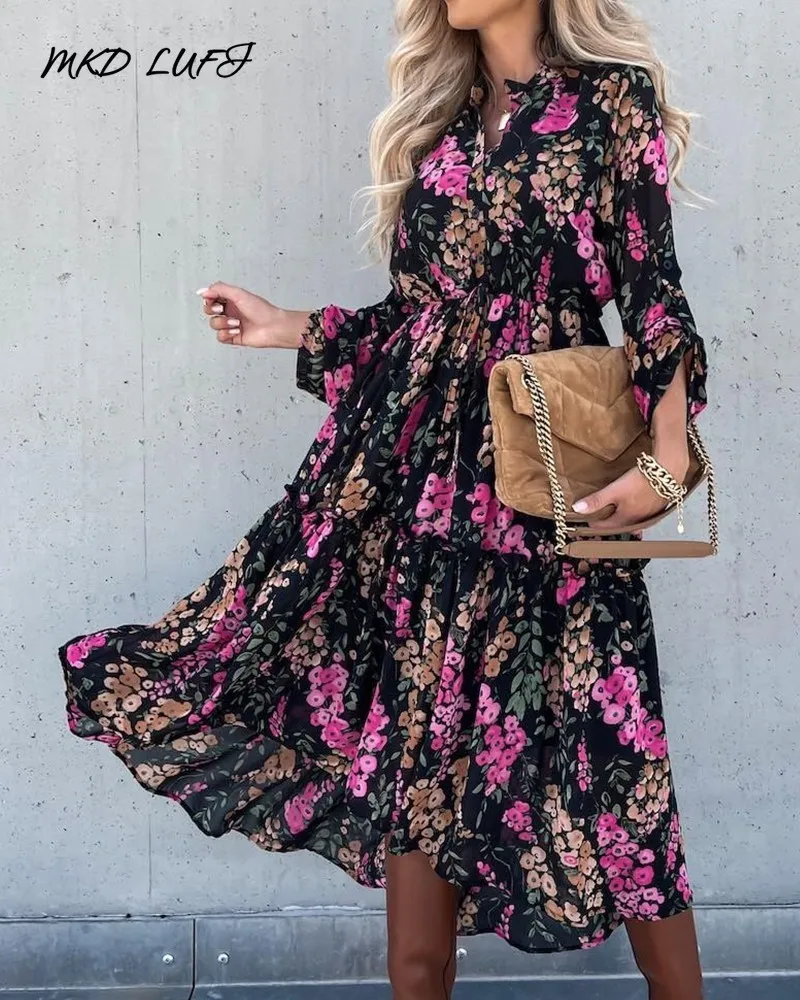 

MKDLUFI Floral Print Button Pleated Shirt Dress