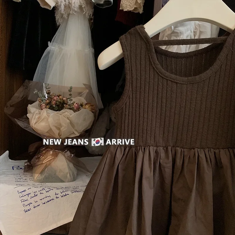 Новинка 2023 корейское платье для маленьких девочек лоскутное + вязаное пальто