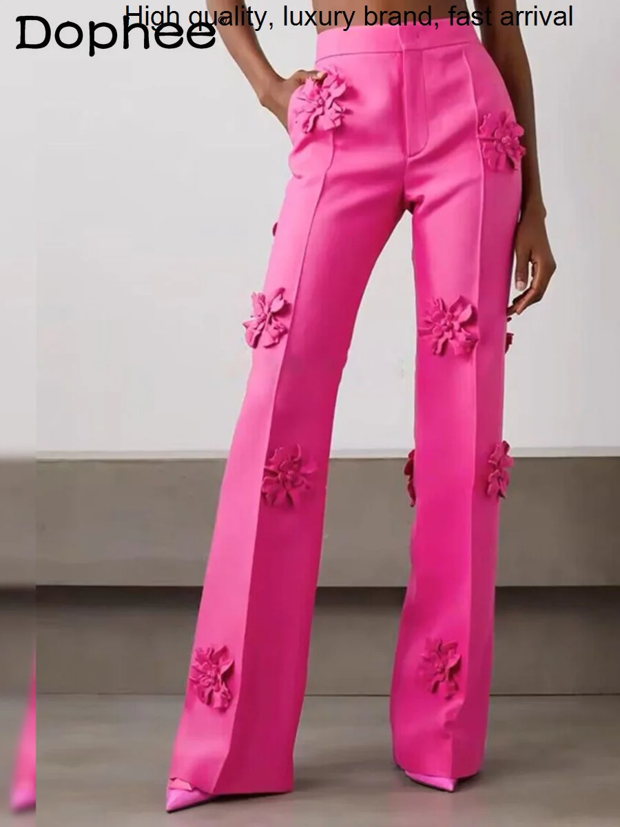 Spring Fashion 2023 Sweet Heavy Industry Three-Dimensional Flower Bell-Bottom Women High Waist Casual Suit Pants Trousers