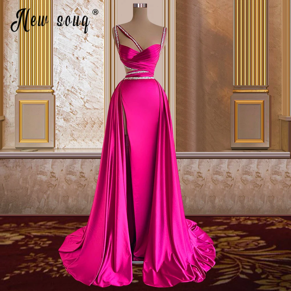 

Beaded Spaghetti Straps Prom Dress Pink High Split Side Formal Evening Gowns Sweetheart Party Dresses Bling Ruched Vestido