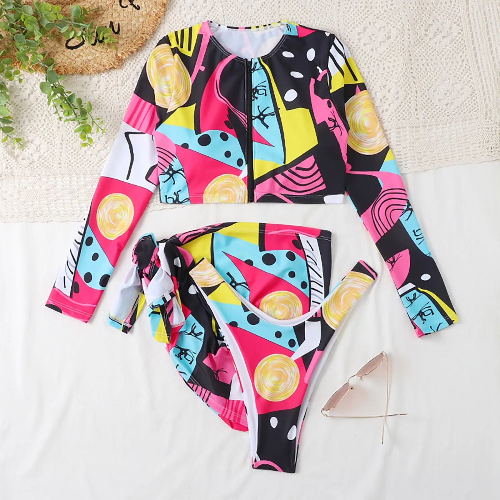 

One Shoulder Swim Top Split Pieces Bikini Beach Temperament Printed Sexy Swimsuit Women's Womens Swimsuit with Shorts 3 Piece