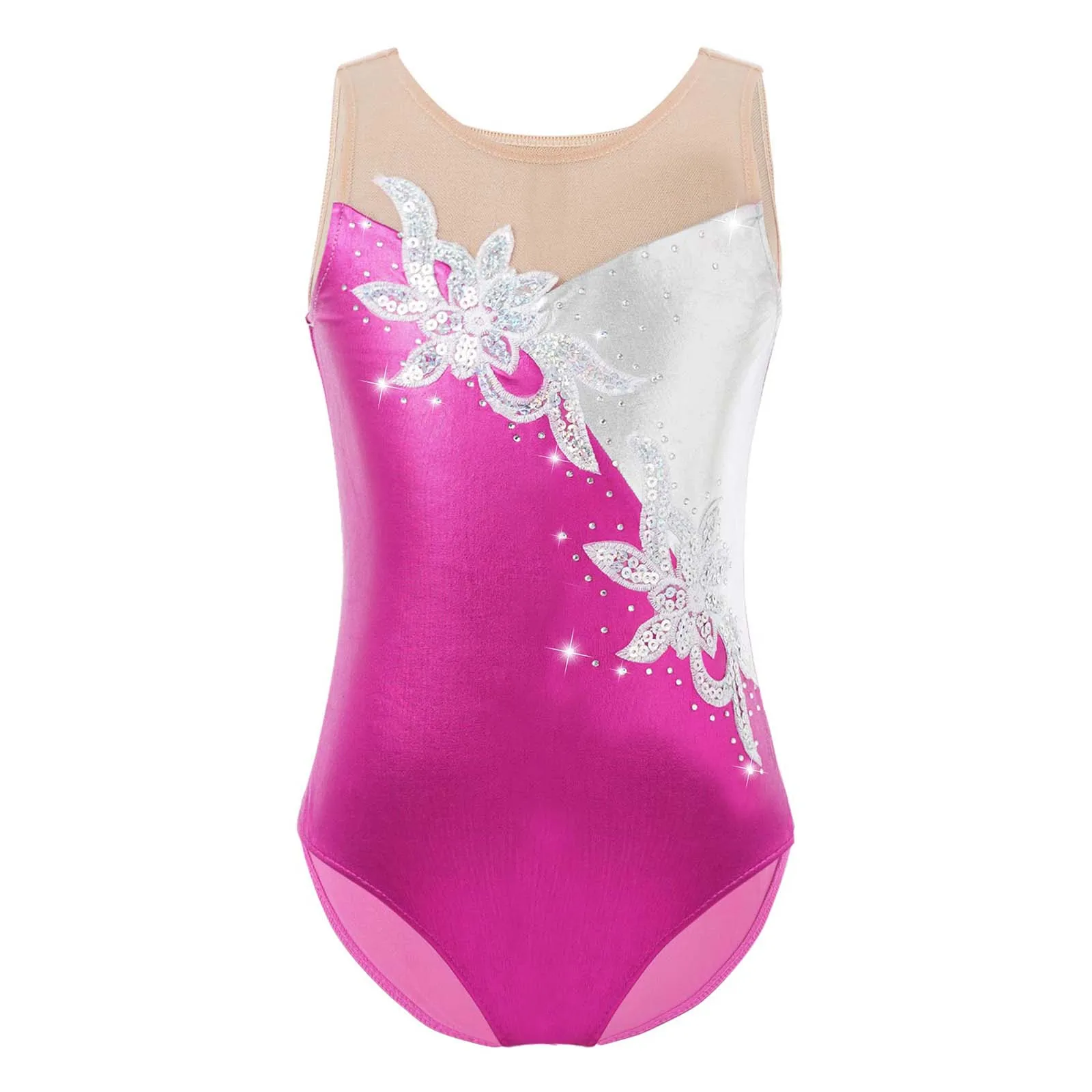 

Kids Girls Glittering Adorned Mesh Figure Skating Jumpsuit Faux Diamonds Gymnastic Swimsuit for Dancing Sequins Ballet Dancewear