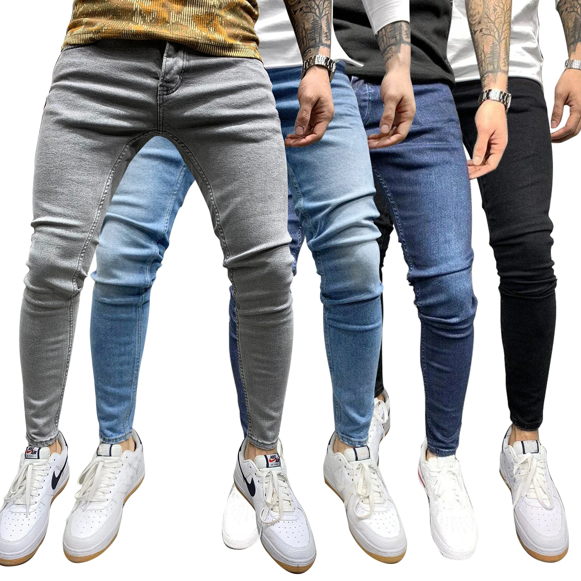 Skinny Mens Pants Pure Color Stretch Jeans Casual Slim Fit Work Trousers Male Vintage Wash Plus Size Pencil Pants Jeans for Men