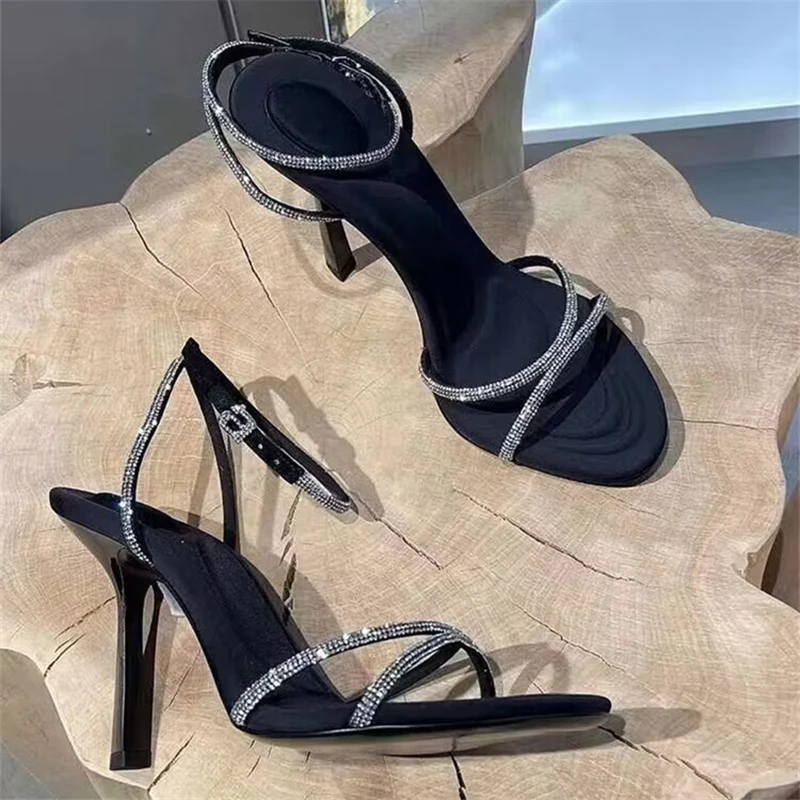

Женские босоножки с ремешком на щиколотке, черные свадебные туфли на высоком каблуке-шпильке с кристаллами, лето 2023