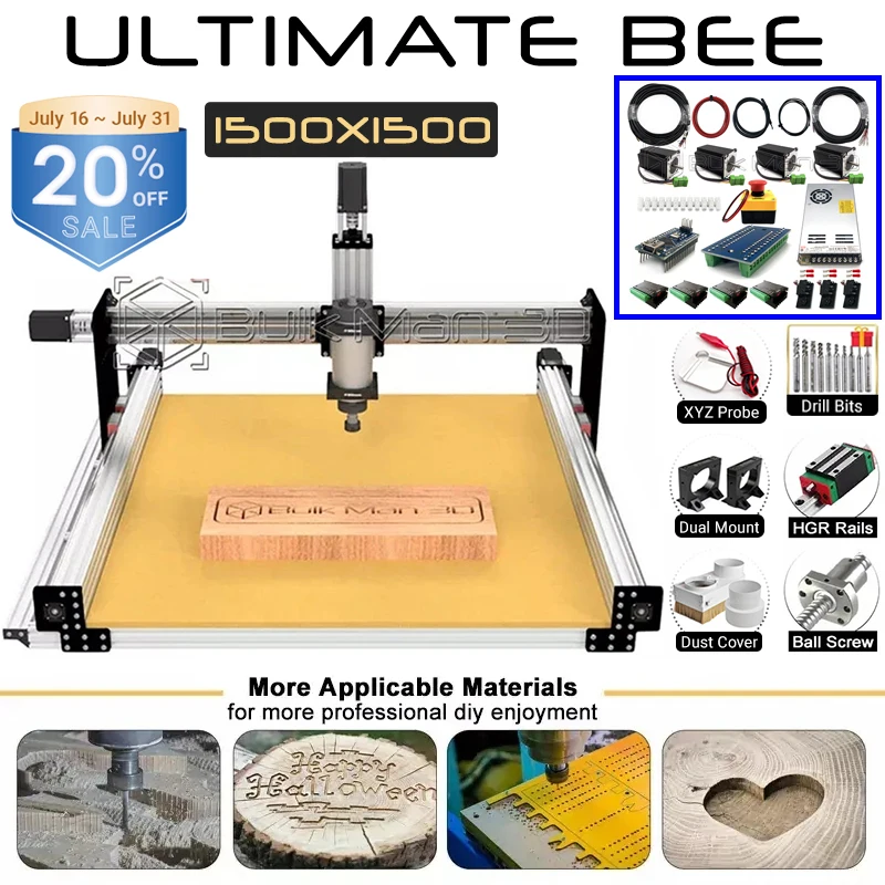 

20%OFF 1500x1500mm ULTIMATE Bee CNC Router Machine Full Kit with High Torque GRBL Controller DIY Woodworking Engraver BulkMan 3D