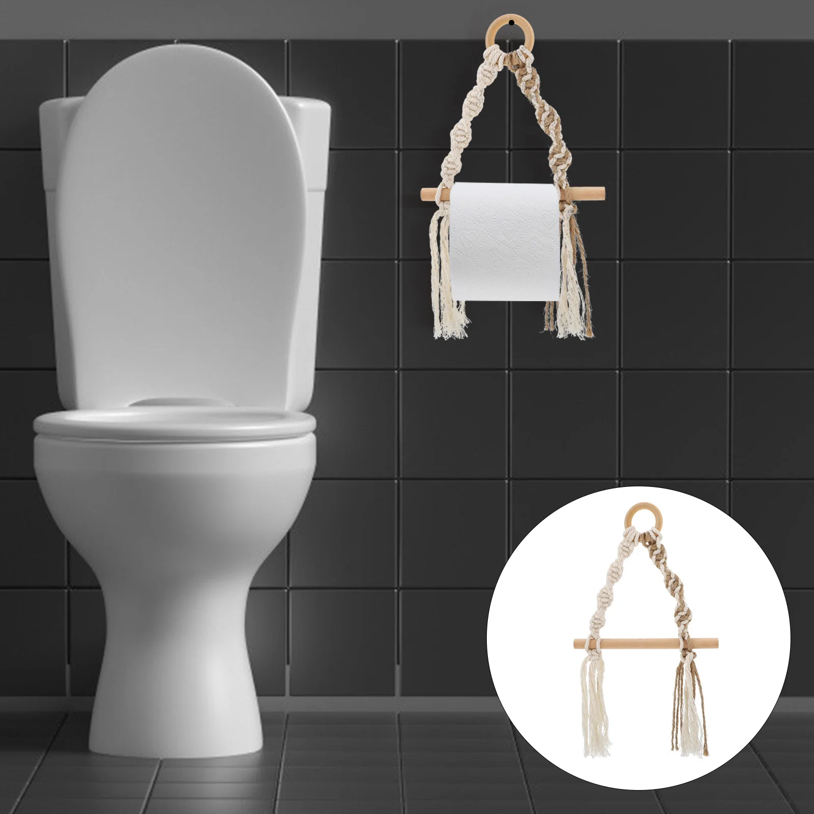 

1Pc Woven Cotton Linen Rope Tissue Rack Wall-mounted Tissue Rack Home Decor (Wood Color)