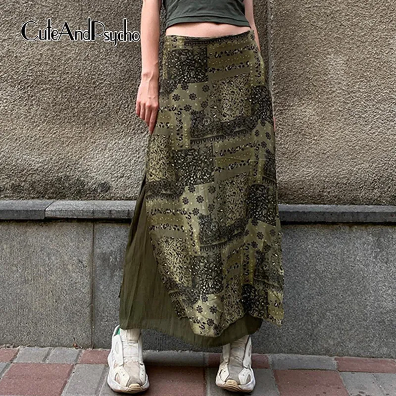 

Cuteandpsycho Vintage Floral Print Skirts Y2K Aesthetic Harajuku Fashion Outfits Chic Streetwear Patchwork Ankle-Length Bottoms