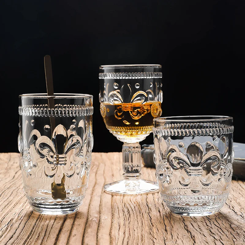 

Glass Cup European Style Thickened Rainbow Iris Embossed High Footed Wine Glass Gold Rimmed Round Glass Lily Flower Water Glass