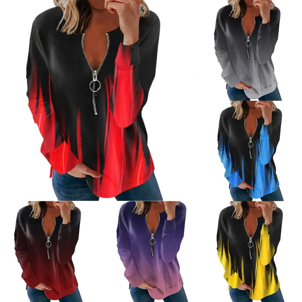 

Trendy Autumn Blouse Long Sleeve Simple Quick Drying Gradient Color Women Blouse