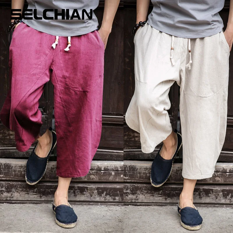 

2021 Man Cotton Linen Wild Leg Pants Casual Loose Calf-Length Pants Man Bloomers Summer Baggy Male Traditional Pants Trousers