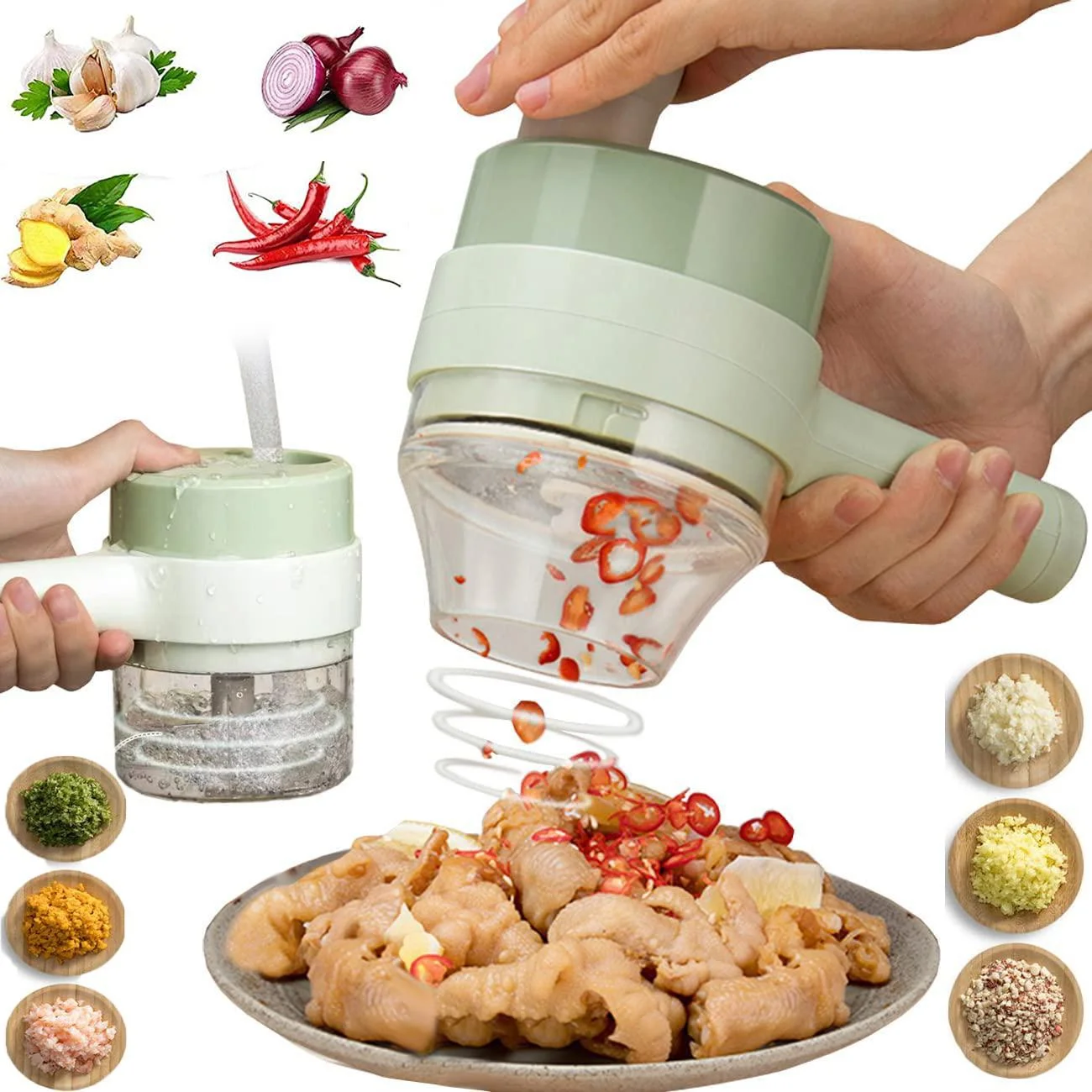 

Hand Electric Vegetable Cutter Set 4 in 1 Wireless Food Processor for Garlic Pepper Chili Onion Celery Ginger Meat with Brush