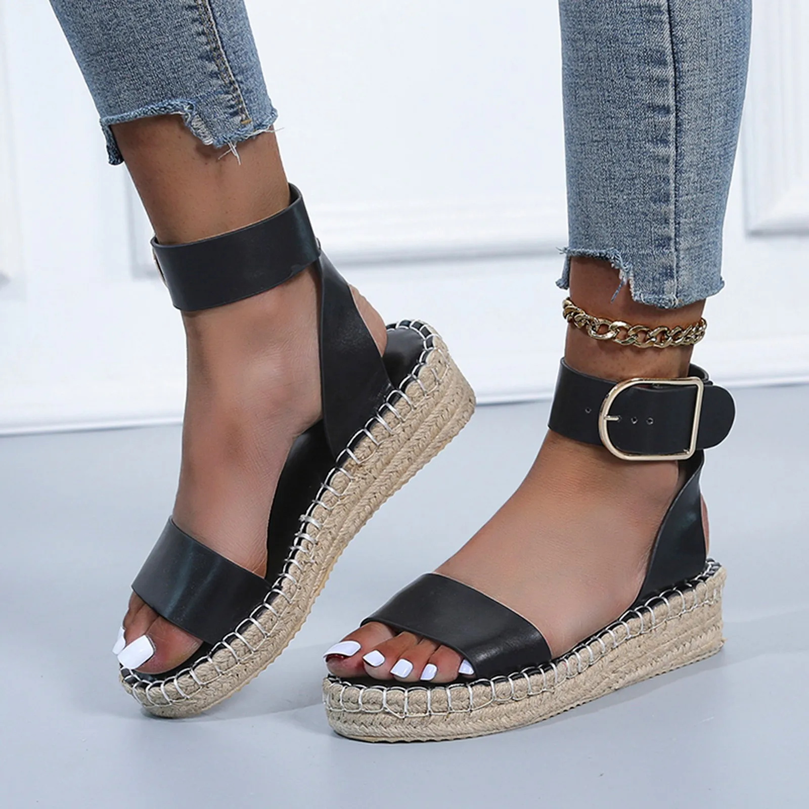 

Casual Thick-soled Shoes For Women Open Toe Hemp Thick Sole Wedges Sandals Fashion Metal Buckle Sandals zapatos para mujeres
