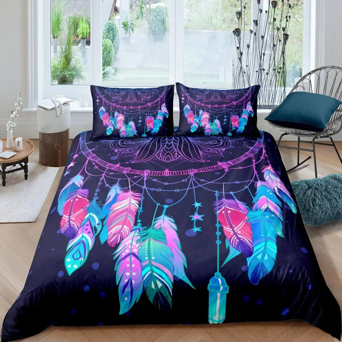 

Boho Dream Catcher Feather Comforter Cover, Kids Bohemian Mandala Bedding Set Queen Size, Tie Dye Purple Duvet Cover