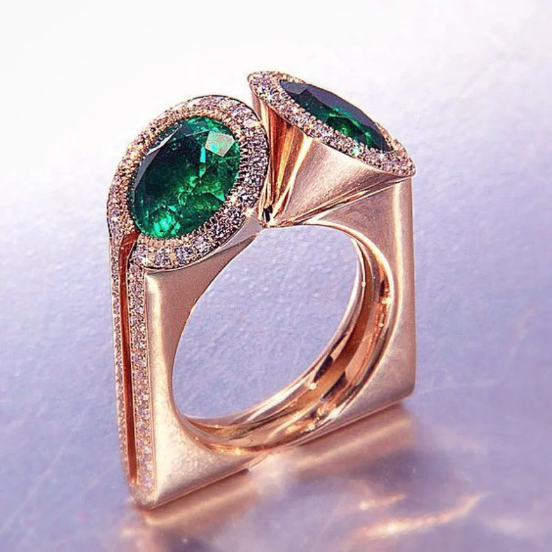 

Exquisite Women Fashion Rose Gold Color Round Geometry Green Stone Rings for Women Wedding Engagement Jewelry