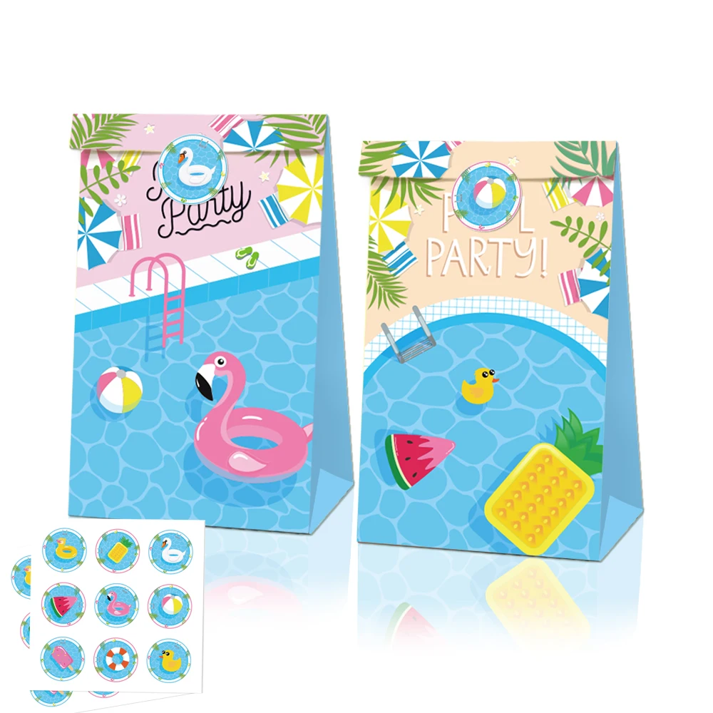 

LB023 12pcs Summer Hawaii Swimming Pool Birthday Party Gift Bags with Sticker Cookies Food Biscuits Decorating Kraft Paper Boxes